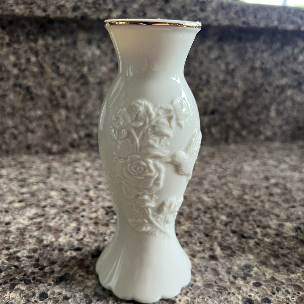 Lenox Bud Vase Ivory Cream Porcelain Embossed Rose Floral Hummingbird Gold Trim